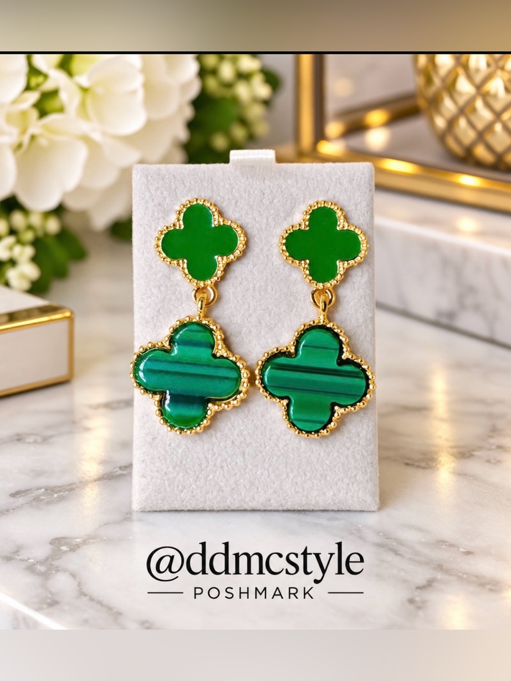 18k Gold-Tone Green Malachite Clover Drop Earrings NWT